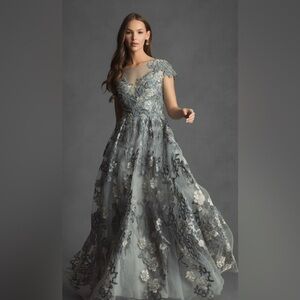 Mac Duggal Charcoal Floral Lace Maxi Dress